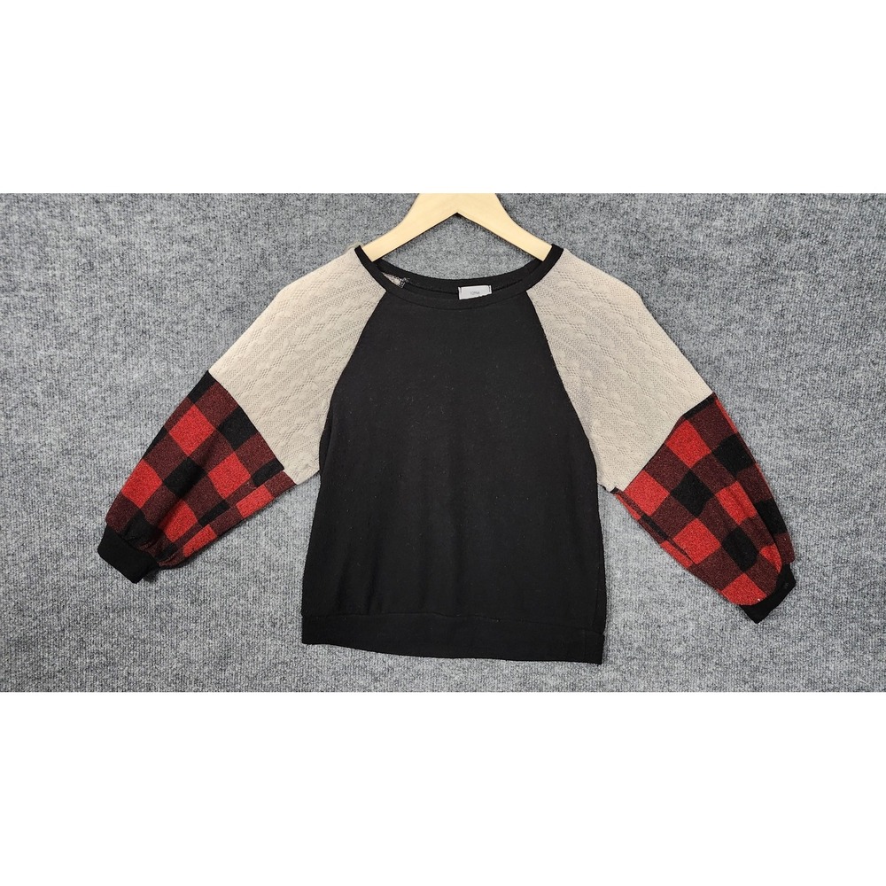 12PM Sweater Girls XL 10 Black Buffalo Plaid‎ Colorblock Raglan Knit USA Made